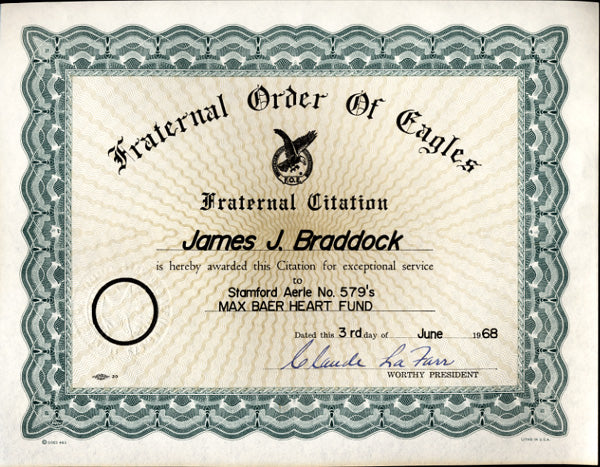 BRADDOCK, JIMMY FRATERNAL ORDER AWARD