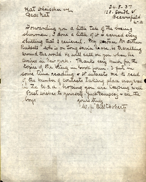 DOHERTY, BILL HAND WRITTEN & SIGNED LETTER TO NAT FLEISCHER (1937)