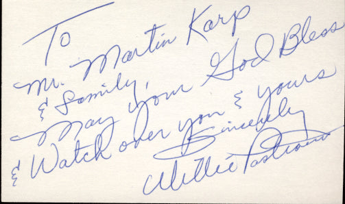 PASTRANO, WILLIE VINTAGE SIGNED INDEX CARD