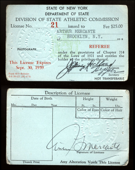 MERCANTE, ARTHUR SIGNED BOXING REFEREE LICENSE (1958-59)