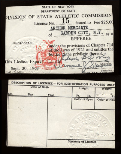 MERCANTE, ARTHUR SIGNED BOXING REFEREE LICENSE (1967-68)