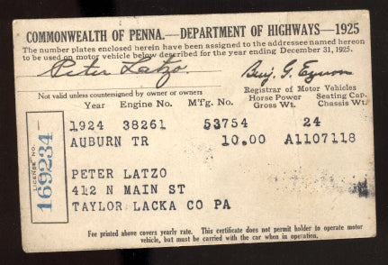 LATZO, PETE SIGNED DRIVERS LICENSE (1925)