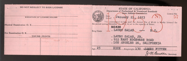 SALAS, LAURO BOXING LICENSE (CALIFORNIA-1953)