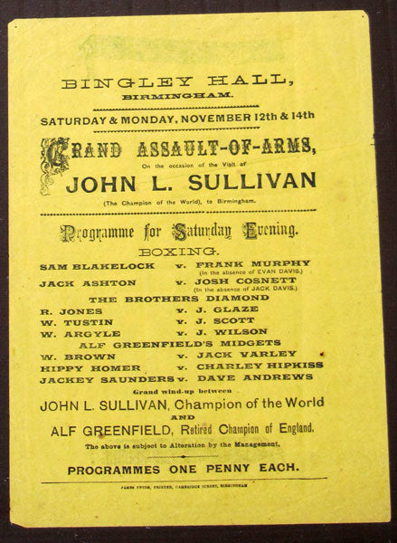 SULLIVAN, JOHN L. EXHIBITION BROADSIDE (1887 AS CHAMPION)
