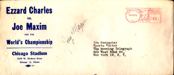 CHARLES, EZZARD-JOEY MAXIM FIGHT ENVELOPE SIGNED BY MAXIM (1951)