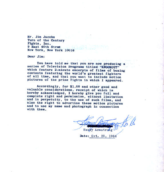 ARMSTRONG, HENRY SIGNED LETTER AGREEMENT (1964)