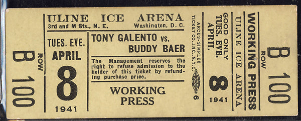 GALENTO, TONY-BUDDY BAER FULL TICKET (1941-PSA/DNA AUTHENTICATED)