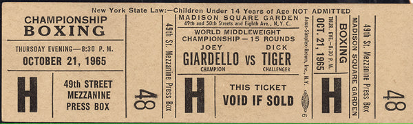 GIARDELLO, JOEY-DICK TIGER FULL TICKET (1965-PSA/DNA AUTHENTICATED)