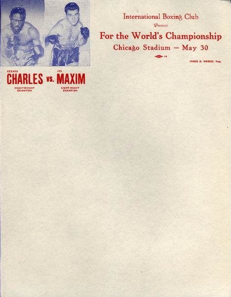 CHARLES, EZZARD-JOEY MAXIM FIGHT LETTERHEAD (1951)