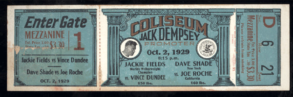 FIELDS, JACKIE-VINCE DUNDEE & DAVE SHADE-JOE ROCHE FULL TICKET (1929)
