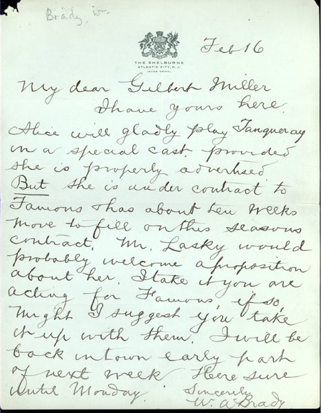 BRADY, WILLIAM A. HAND WRITTEN & SIGNED LETTER