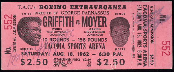 GRIFFITH, EMILE-DENNY MOYER FULL TICKET (1962-Signed BY BOTH FIGHTERS)