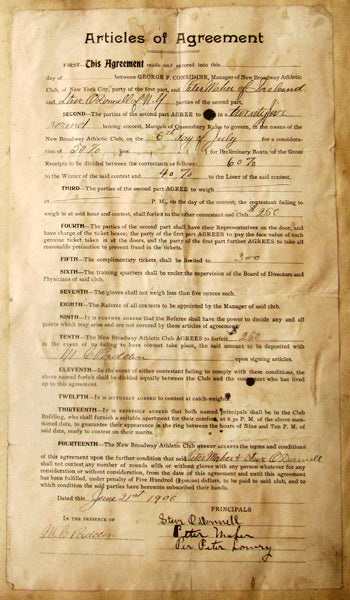 MAHER, PETER-STEVE O'DONNELL SIGNED ARTICLES OF AGREEMENT (1900)