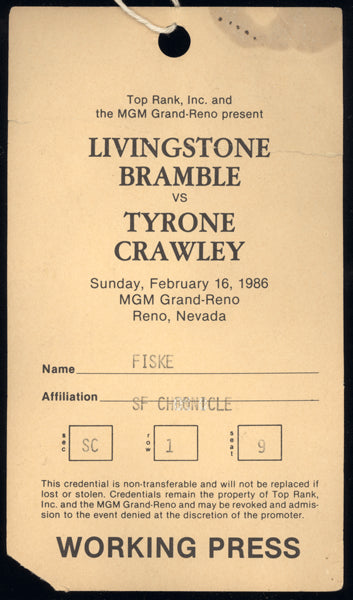 BRAMBLE, LIVINGSTONE-TYRONE CRAWLEY WORKING PRESS CREDENTIAL (1986)