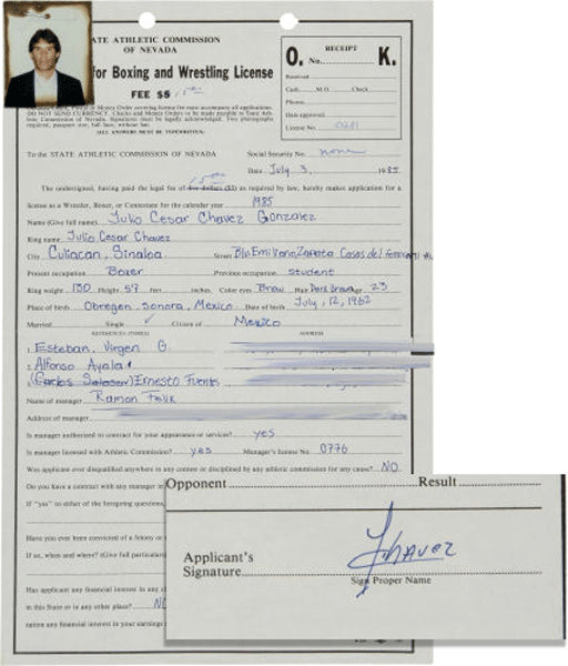 CHAVEZ, JULIO CESAR SIGNED LICENSE APPLICATION (1985-PRE CERTIFIED PSA/DNA)