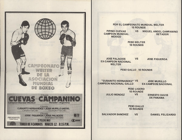 CUEVAS, PIPINO-MIGUEL CAMPANINO & SALVADOR SANCHEZ-DANIEL FELIZARDO OFFICIAL PROGRAM (1977)