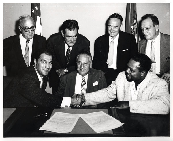 MARCIANO, ROCKY-ARCHIE MOORE ORIGINAL PHOTOGRAPH (1954-CONTRACT SIGNING)