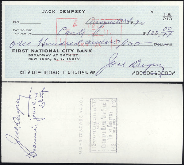 DEMPSEY, JACK DOUBLE SIGNED CHECK (PSA/DNA)
