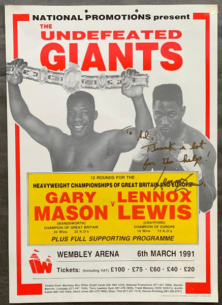 LEWIS, LENNOX-GARY MASON SIGNED ON SITE POSTER (1991SIGNED BY LENNOX LEWIS)