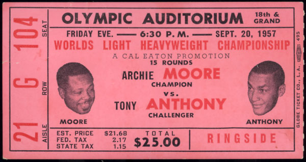 MOORE, ARCHIE-TONY ANTHONY STUBLESS TICKET (1957)