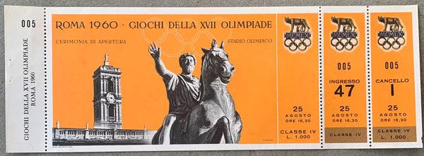 1960 ROME SUMMER OLYMPIC GAMES FULL OPENING DAY TICKET (CLAY, BENVENUTI)