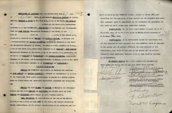 DEMPSEY, JACK-GEORGES CARPENTIER SIGNED MEMORANDUM OF AGREEMENT (1921-JSA AUTHENTICATED)