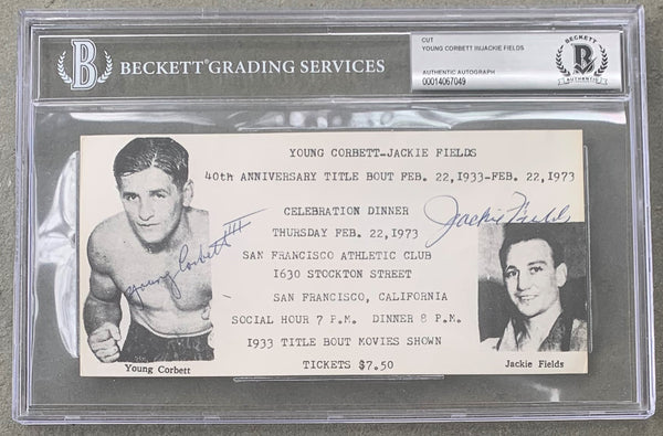 FIELDS, JACKIE & YOUNG CORBETT III SIGNED ILLUSTRATED ANNOUNCEMENT (BECKETT)