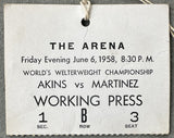 AKINS, VIRGIL-VINCE MARTINEZ WORKING PRESS PASS (1958-AKINS WINS TITLE)