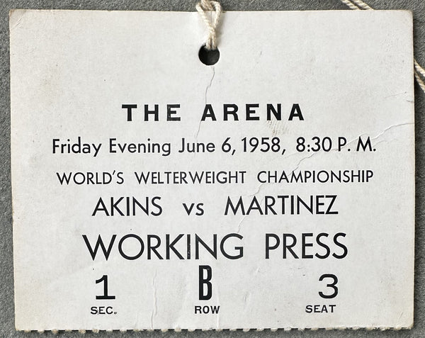 AKINS, VIRGIL-VINCE MARTINEZ WORKING PRESS PASS (1958-AKINS WINS TITLE)