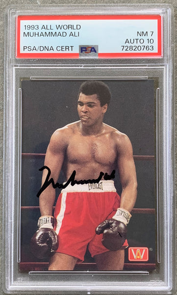 ALI, MUHAMMAD SIGNED 1993 ALL WORLD BOXING CARD (PSA/DNA-NM 7 & AUTO 10)