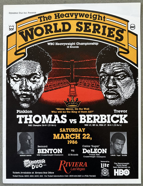 BERBICK, TREVOR-PINKLON THOMAS OFFICIAL PROGRAM (1986)