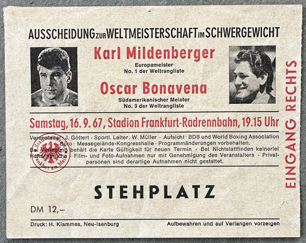 BONAVENA, OSCAR-KARL MILDENBERGER ON SITE STUBLESS TICKET (1967)