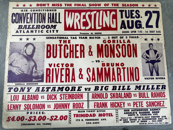 SAMMARTINO, BRUNO & VICTOR RIVERA VS THE BUTCHER & GORILLA MONSOON ON SITE POSTER (1968)