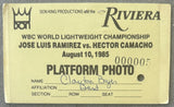 CAMACHO, HECTOR "MACHO"-JOSE LUIS RAMIREZ PLATFORM PHOTO PASS (1985-CAMACHO WINS LIGHTWEIGHT TITLE)