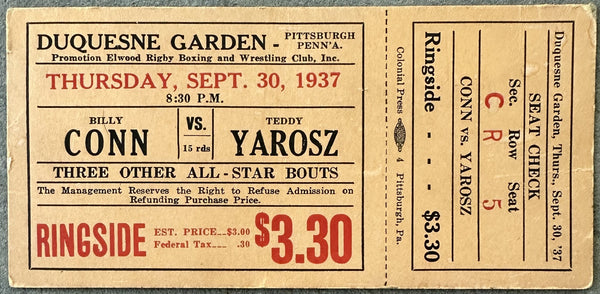 CONN, BILLY-TEDDY YAROSZ ON SITE FULL TICKET (1937)
