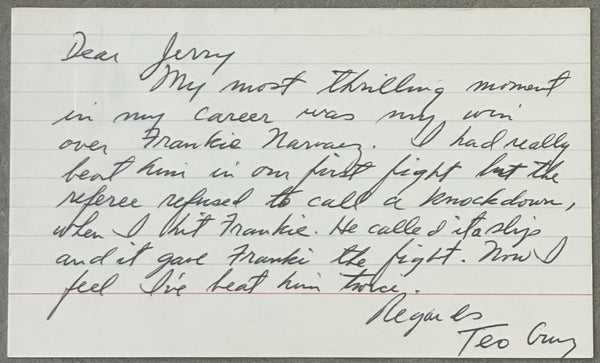 CRUZ, CARLOS TEO SIGNED & INSCRIBED INDEX CARD (RARE)