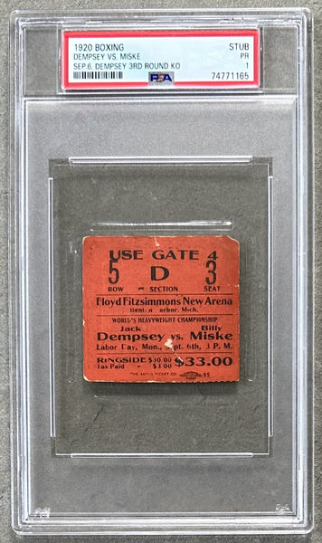 DEMPSEY, JACK-BILLY MISKE ON SITE TICKET STUB (1920-PSA/DNA PR 1)
