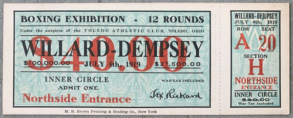 DEMPSEY, JACK-JESS WILLARD FULL TICKET (1919-DEMPSEY WINS TITLE)