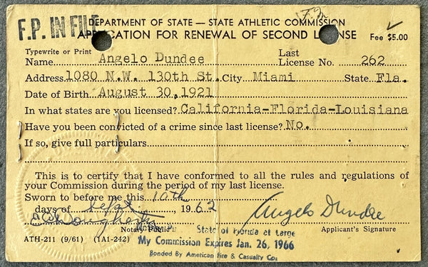 DUNDEE, ANGELO SIGNED LICENSE APPLICATION (INCLUDES CLAY-LISTON I FIGHT)