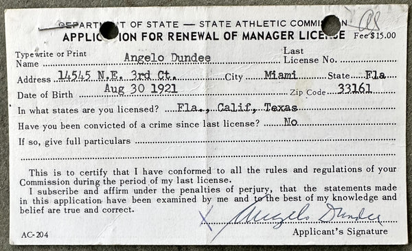 DUNDEE, ANGELO SIGNED NEW YORK STATE MANAGER LICENSE APPLICATION (1970)