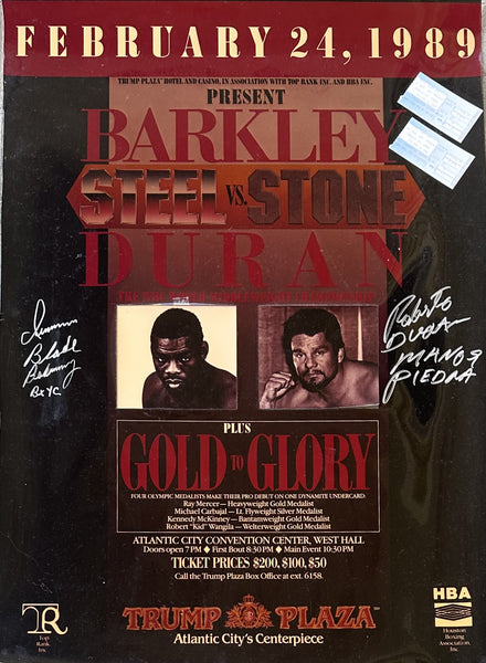 DURAN, ROBERTO-IRAN BARKLEY RARE SIGNED ON SITE LOBBY POSTER & TICKET STUBS (1989-DURAN WINS TITLE)