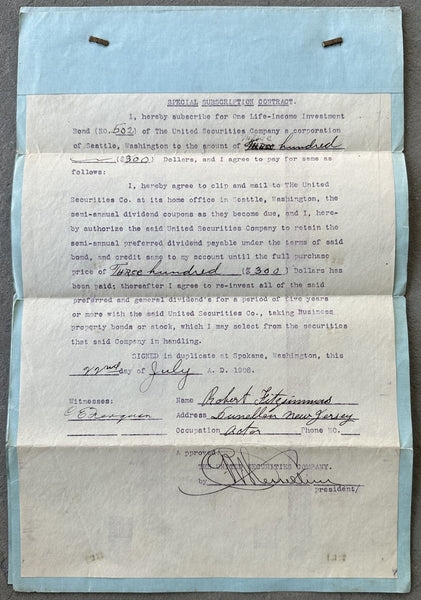 FITZSIMMONS, ROBERT & WIFE LIFE SIGNED CONTRACTS (1908-JSA)