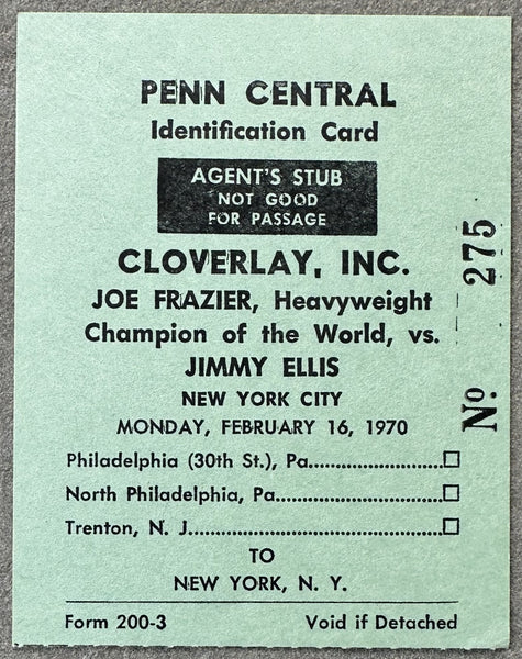 FRAZIER, JOE-JIMMY ELLIS I CLOVERLAY PENN CENTRAL ID CARD (1970-FRAZIER WINS TITLE)