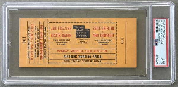 FRAZIER, JOE-BUSTER MATHIS & GRIFFITH-BENVENUTI ON SITE FULL TICKET (1968-PSA/DNA VG-EX 4)