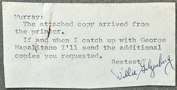 GILZENBERG, WILLY INK CUT SIGNATURE NOTE
