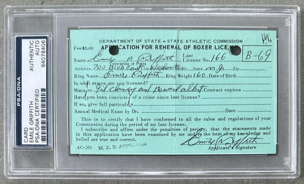 GRIFFITH, EMILE ORIGINAL SIGNED BOXING LICENSE (1974-PSA/DNA-ANTUOFERMO FIGHT)
