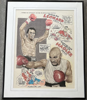HAGLER, MARVELOUS MARVIN-SUGAR RAY LEONARD ORIGINAL CARTOON ART BY CHARLES MCGILL (1987)