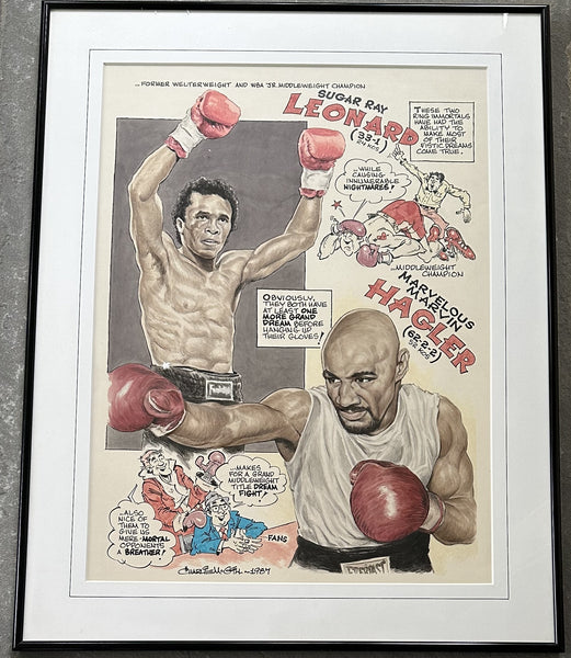 HAGLER, MARVELOUS MARVIN-SUGAR RAY LEONARD ORIGINAL CARTOON ART BY CHARLES MCGILL (1987)
