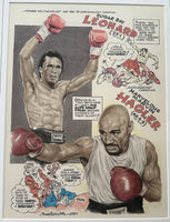 HAGLER, MARVELOUS MARVIN-SUGAR RAY LEONARD ORIGINAL CARTOON ART BY CHARLES MCGILL (1987)