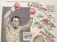 HAGLER, MARVELOUS MARVIN-SUGAR RAY LEONARD ORIGINAL CARTOON ART BY CHARLES MCGILL (1987)
